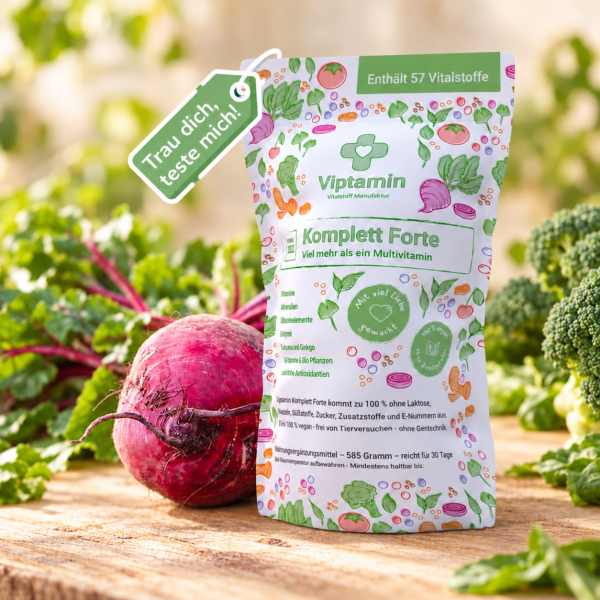 Viptamin Komplett Forte – Multivitamin-Pulver mit Vitaminen, Mineralstoffen, Pflanzenextrakten und Protein – vegan – 585 g